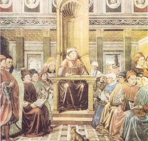 Lezione di filosofia nella scuola di Roma da un affresco del pittore fiorentino Benozzo Gozzoli (secolo xv) nella chiesa di Sant'Agostino a San Gimignano (Siena).