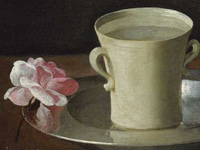Francisco de Zurbaràn, Una tazza d'acqua e una rosa su un piatto d'argento, 1630
